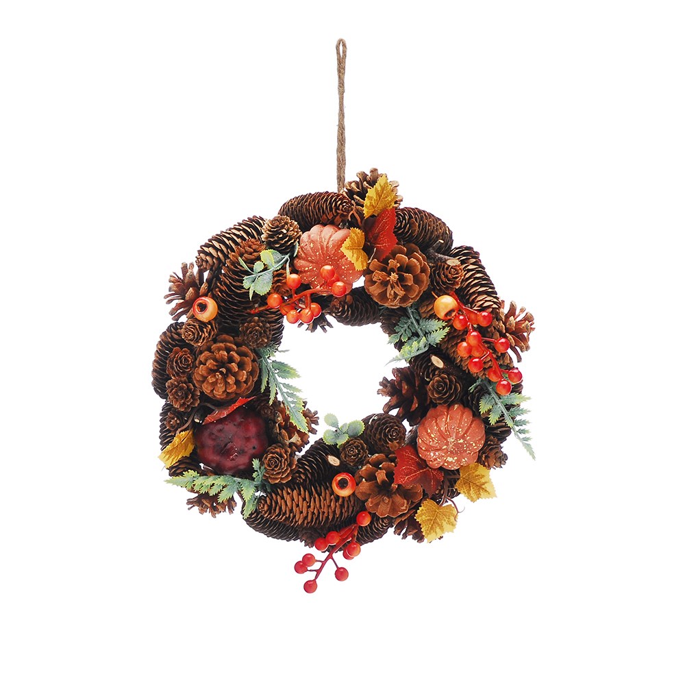 Corona de otoño con calabazas y hojas