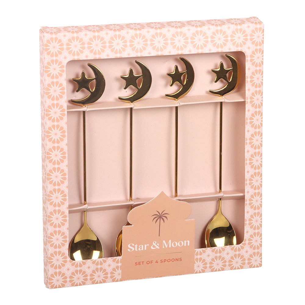 Set 4 Cucharitas Doradas Luna y Estrella - Cucharillas Té Celestiales
