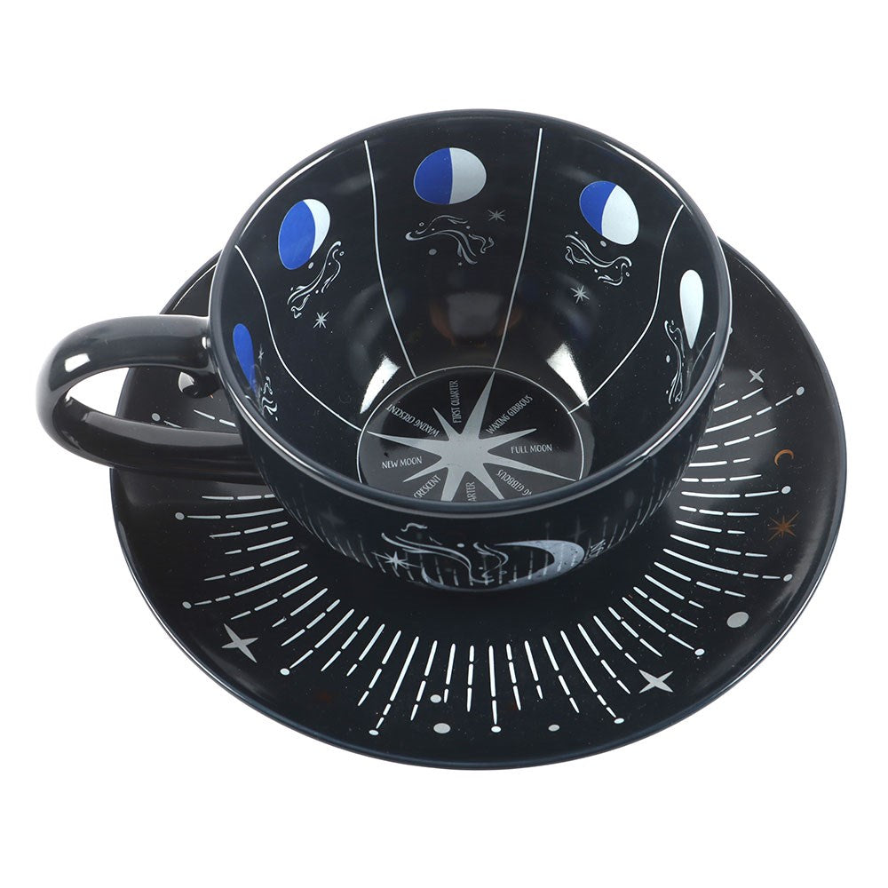 Taza Té y Platillo Lectura Hojas Fases Lunares - Set 500ml con Guía Blue Moon