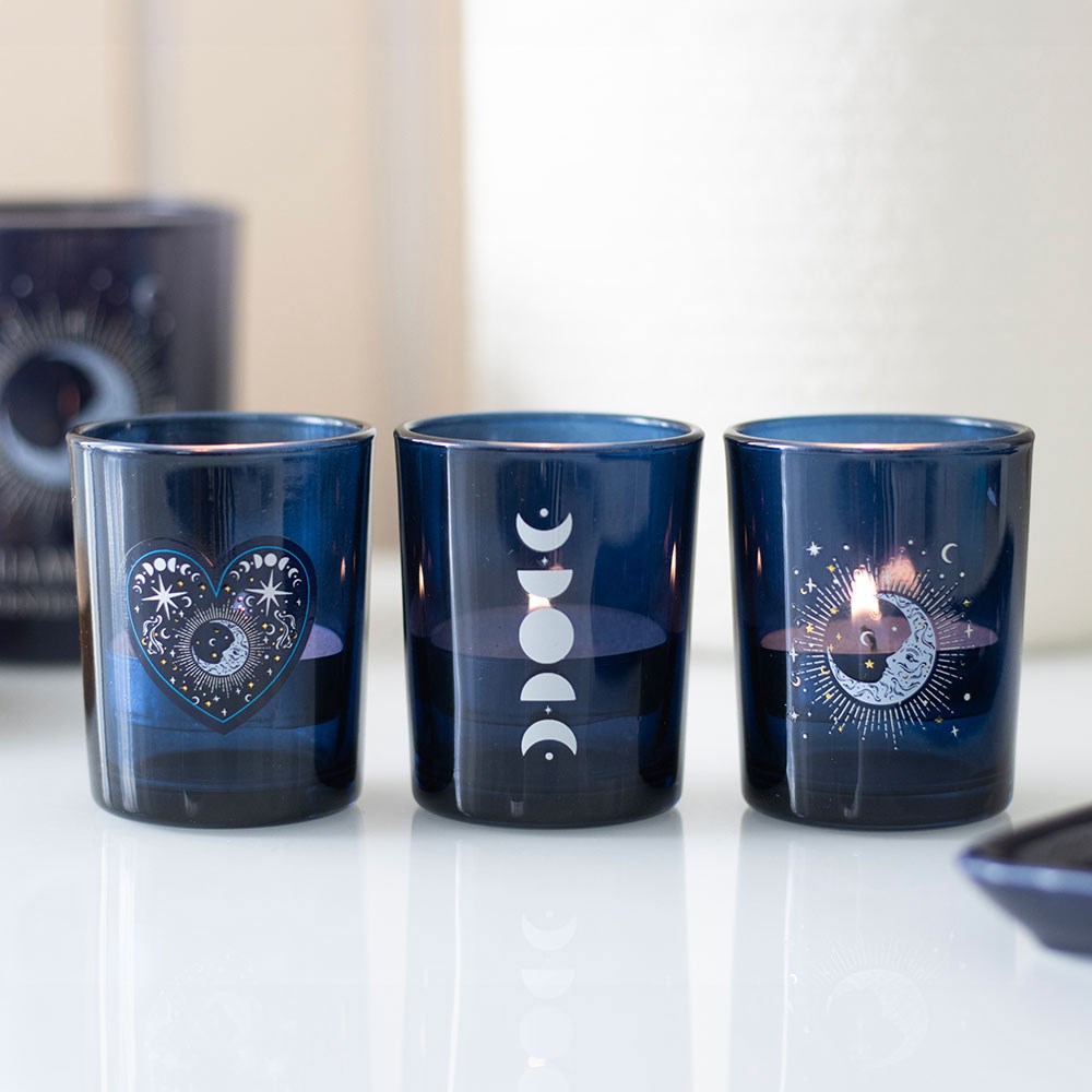 Set 3 Portavelas Vidrio Blue Moon - Candelabros Rituales Lunares Celestiales
