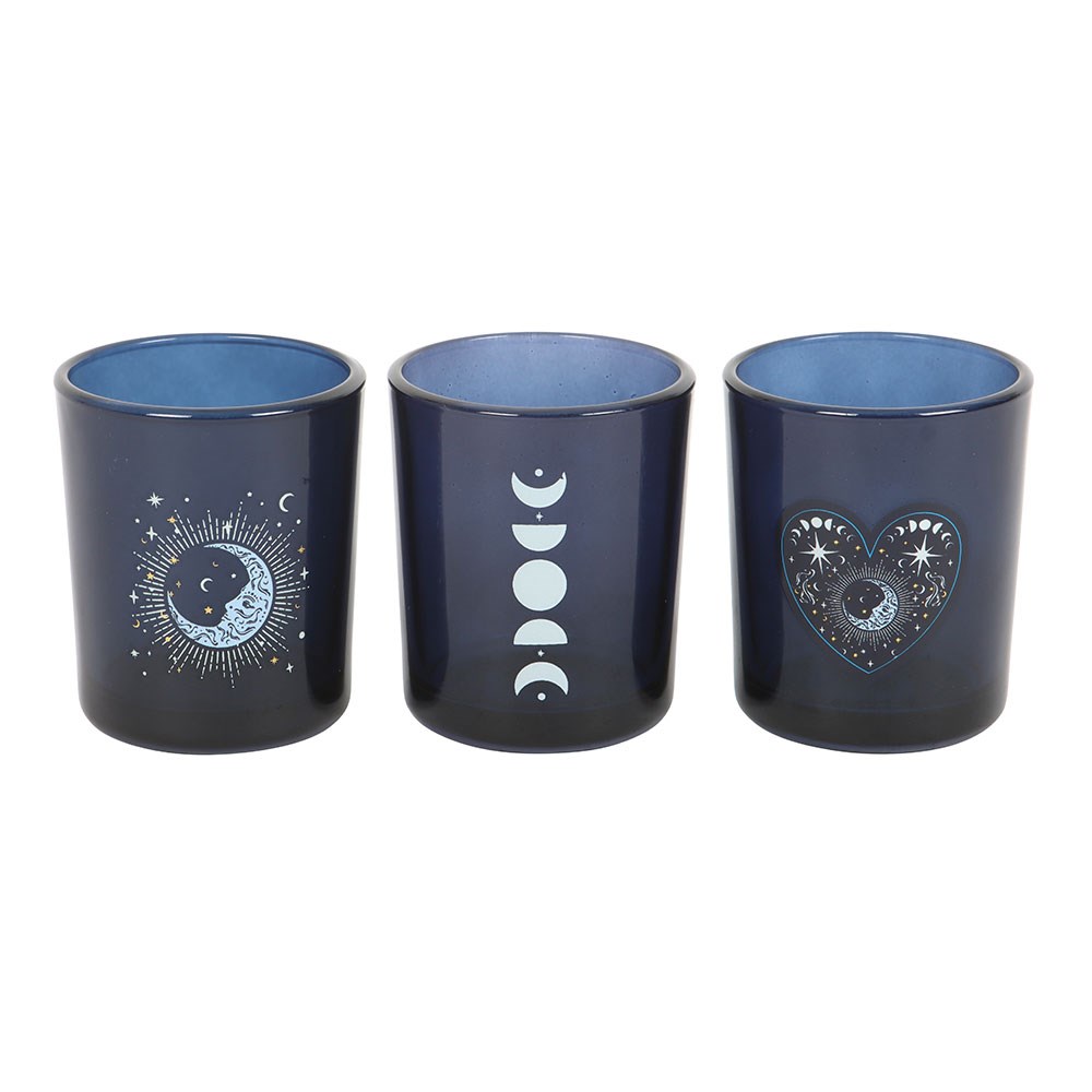 Set 3 Portavelas Vidrio Blue Moon - Candelabros Rituales Lunares Celestiales