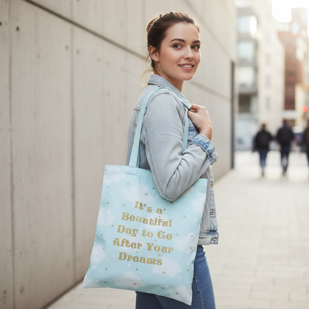 Bolsa de Mano con Estampado de Nubes y Mensaje Positivo - Tote Bag Versátil