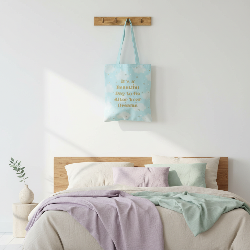 Bolsa de Mano con Estampado de Nubes y Mensaje Positivo - Tote Bag Versátil