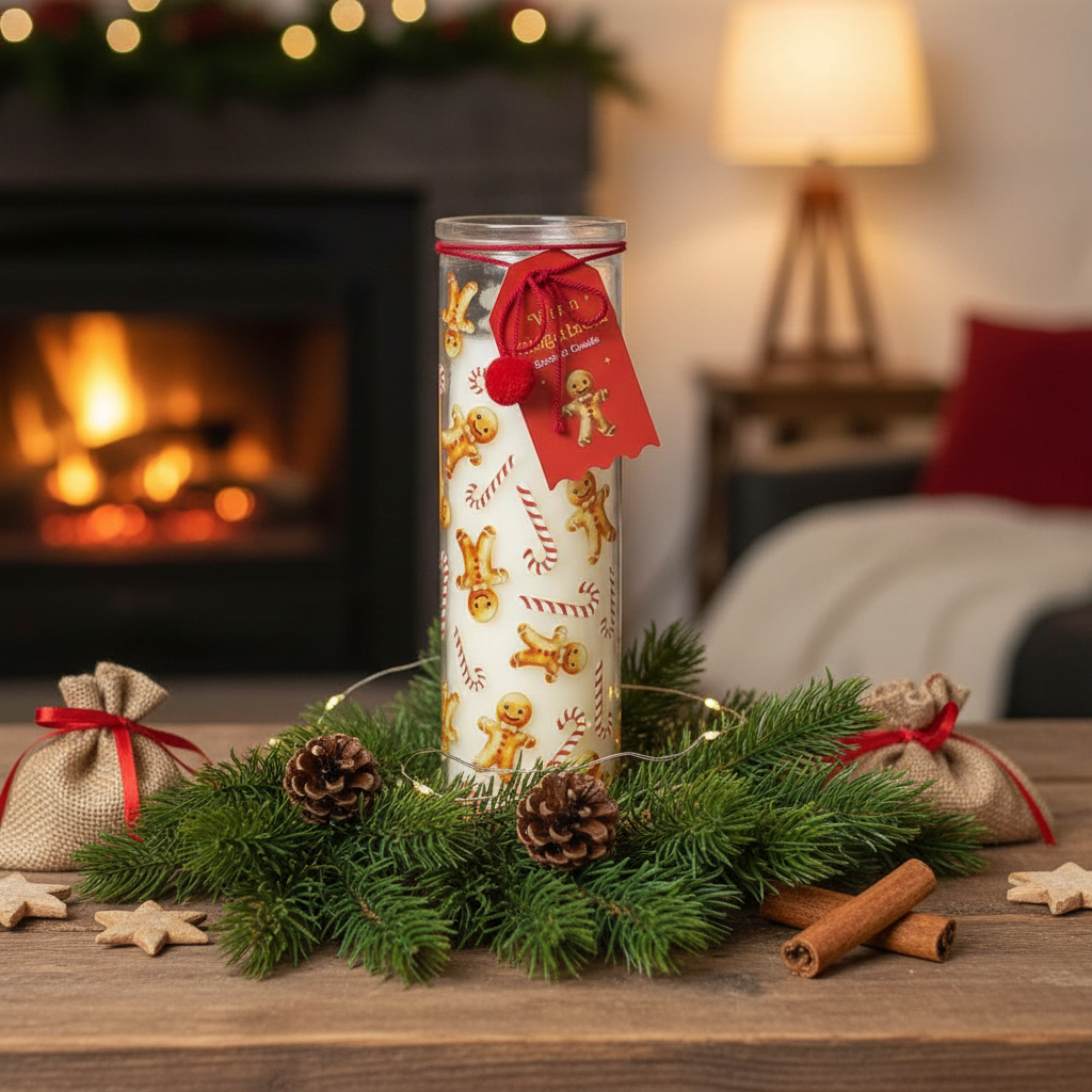 Vela Tubo Pan Jengibre 70h Bastón Caramelo - Vela Navidad Reutilizable Florero