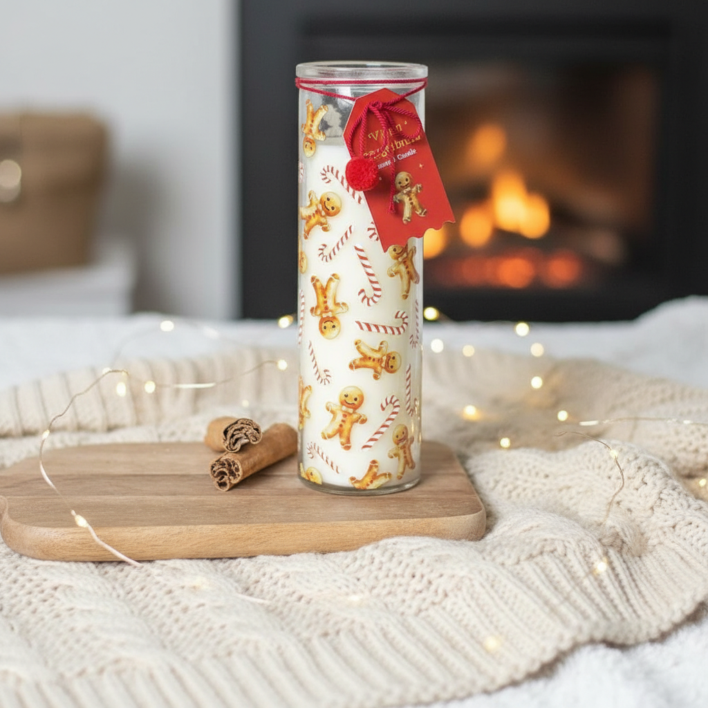 Vela Tubo Pan Jengibre 70h Bastón Caramelo - Vela Navidad Reutilizable Florero