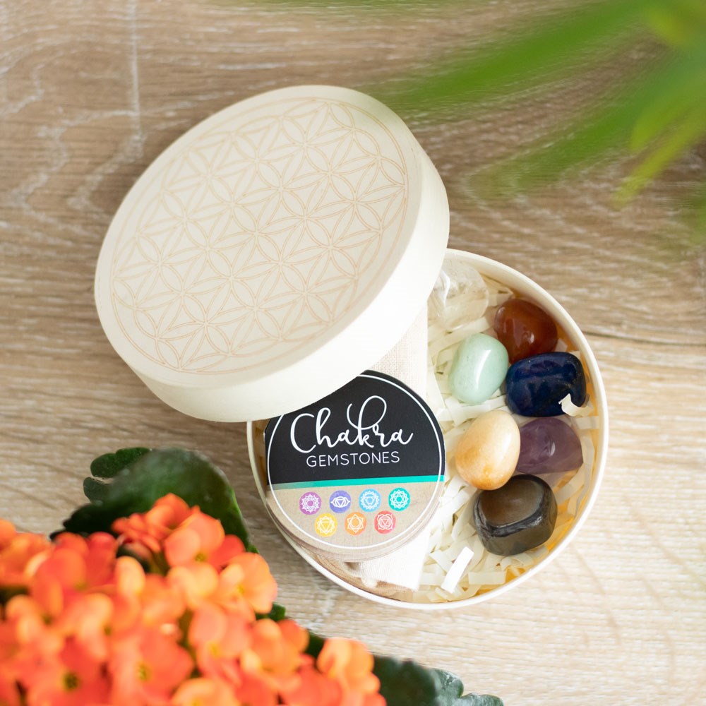 Set de 7 Cristales de Chakras con Caja Flor de la Vida - Kit Completo de Sanación Energética