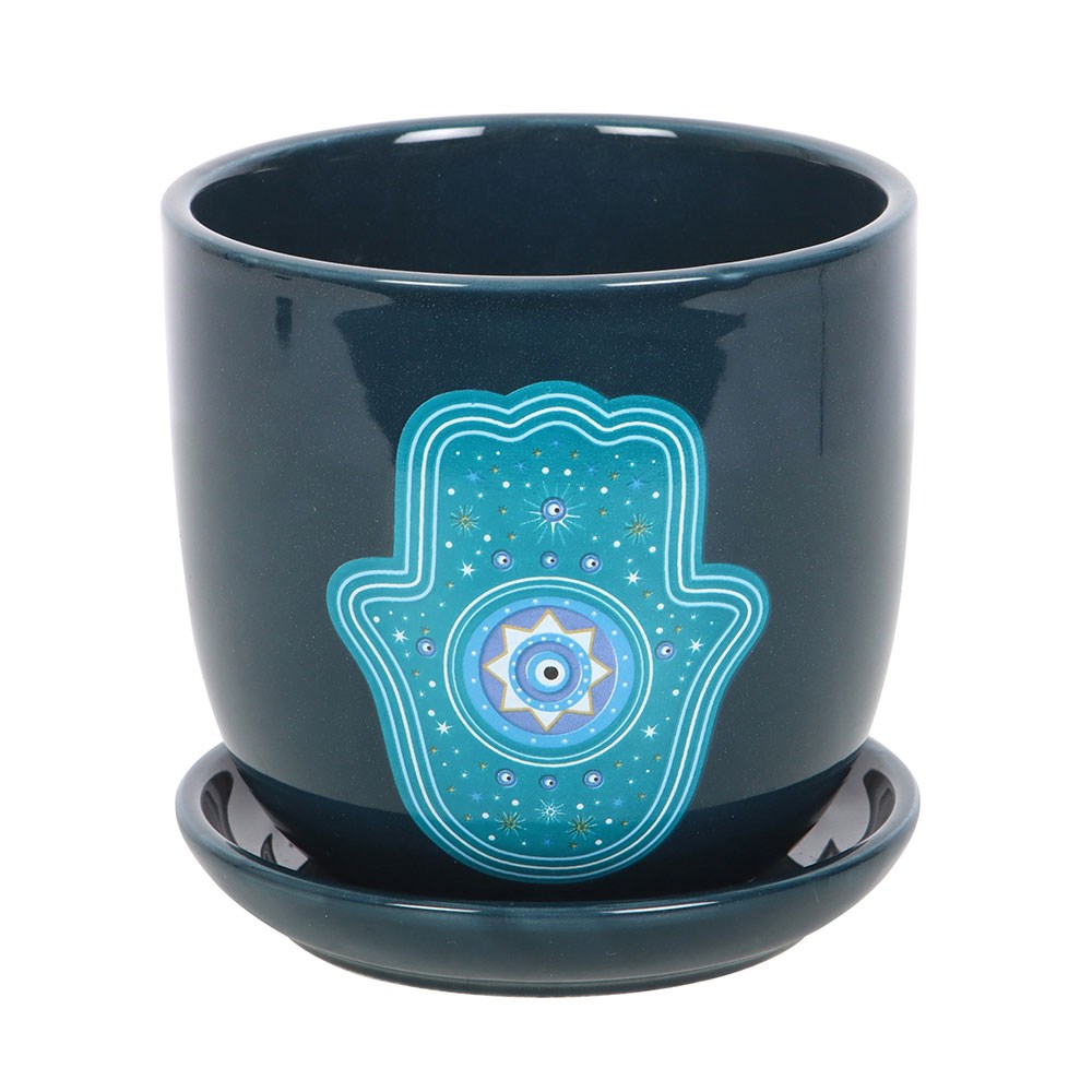 Maceta de Cerámica "Mano de Hamsa" Azul Oscuro con Platillo - Protección