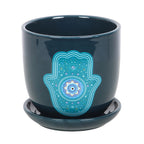 Maceta de Cerámica "Mano de Hamsa" Azul Oscuro con Platillo - Protección