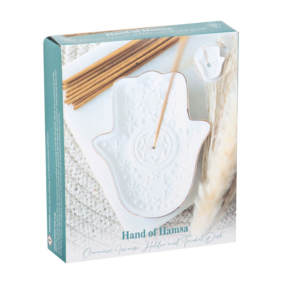 Soporte de Incienso Mano de Hamsa Blanca - Portaincienso y Plato Baratijas 2 en 1