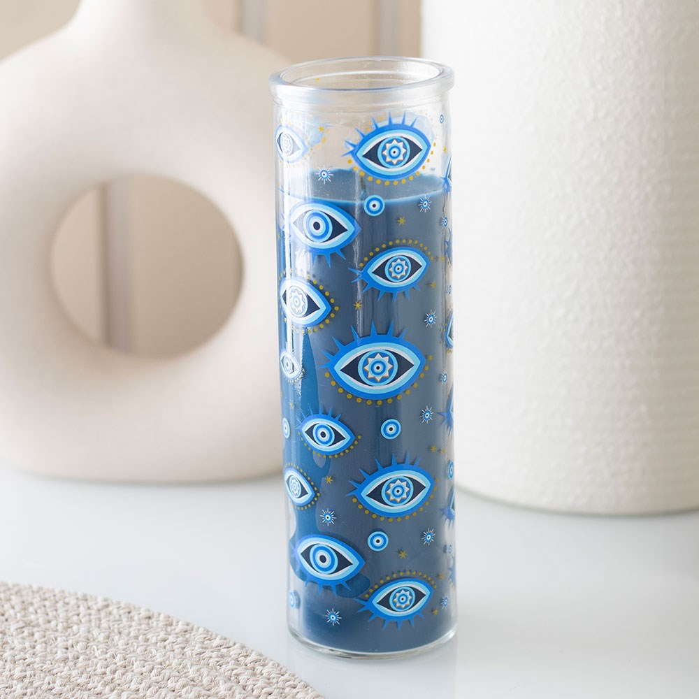 Vela de Tubo "Ojo que Todo lo Ve" Aroma Rosa Blanca - Vidrio Azul 55h