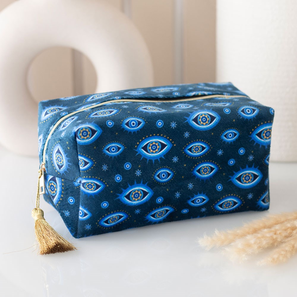 Bolsa de Maquillaje Terciopelo "Ojo que Todo lo Ve" - Azul Oscuro con Borla Dorada