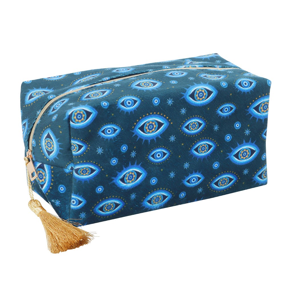 Bolsa de Maquillaje Terciopelo "Ojo que Todo lo Ve" - Azul Oscuro con Borla Dorada