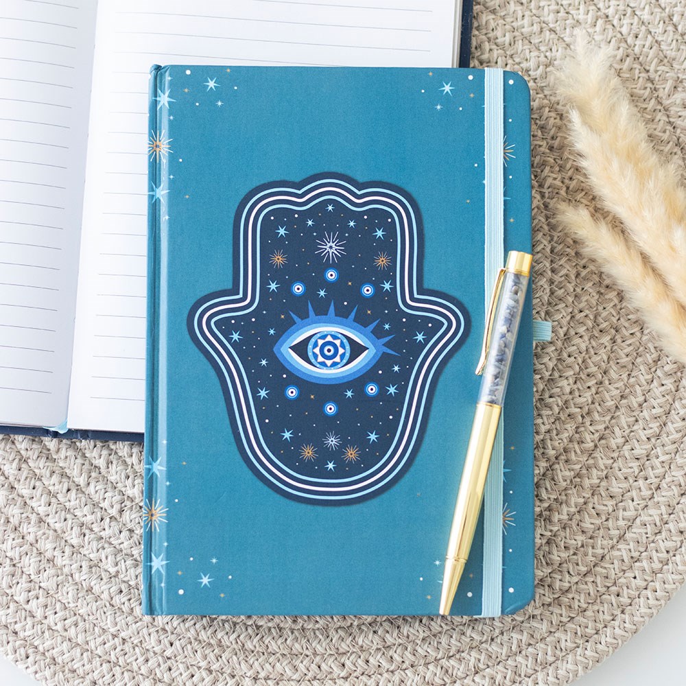Cuaderno A5 "Mano de Hamsa" Turquesa 200 Páginas + Bolígrafo Cristal Dorado