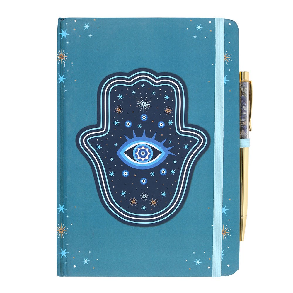 Cuaderno A5 "Mano de Hamsa" Turquesa 200 Páginas + Bolígrafo Cristal Dorado