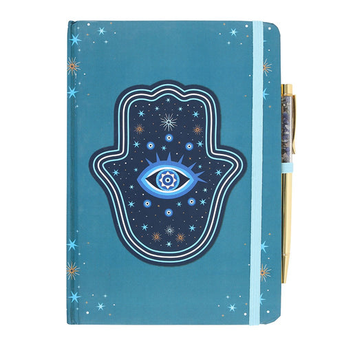 Cuaderno A5 "Mano de Hamsa" Turquesa 200 Páginas + Bolígrafo Cristal Dorado