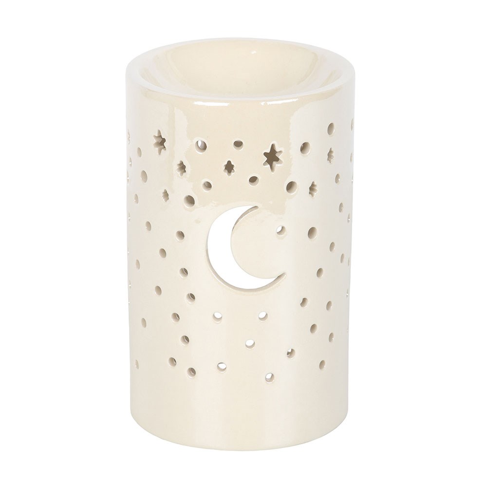 Quemador de Aceite y Cera Iridiscente Blanco - Diseño Luna y Estrellas Caladas
