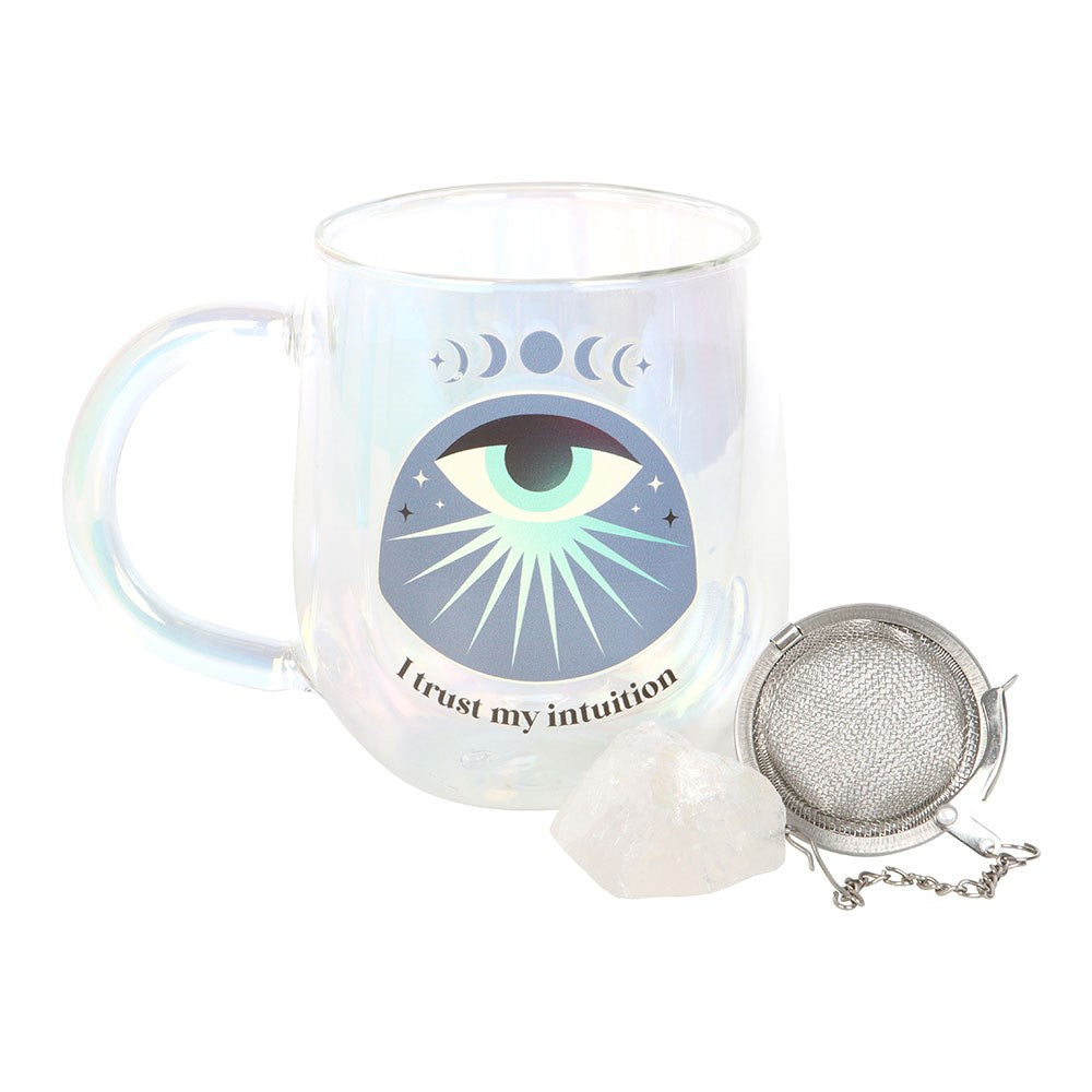 Taza Vidrio Doble Pared "Confío en mi Intuición" 250ml + Infusor Cristal Aura