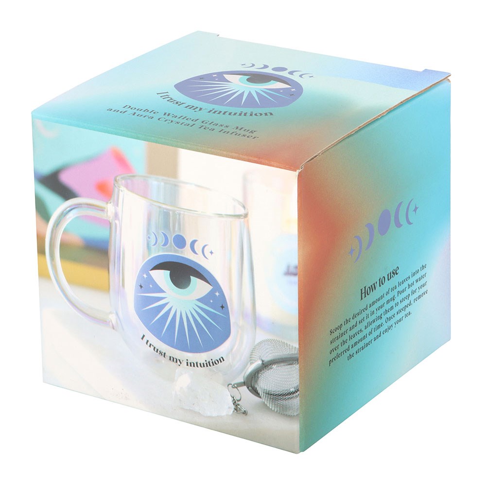 Taza Vidrio Doble Pared "Confío en mi Intuición" 250ml + Infusor Cristal Aura
