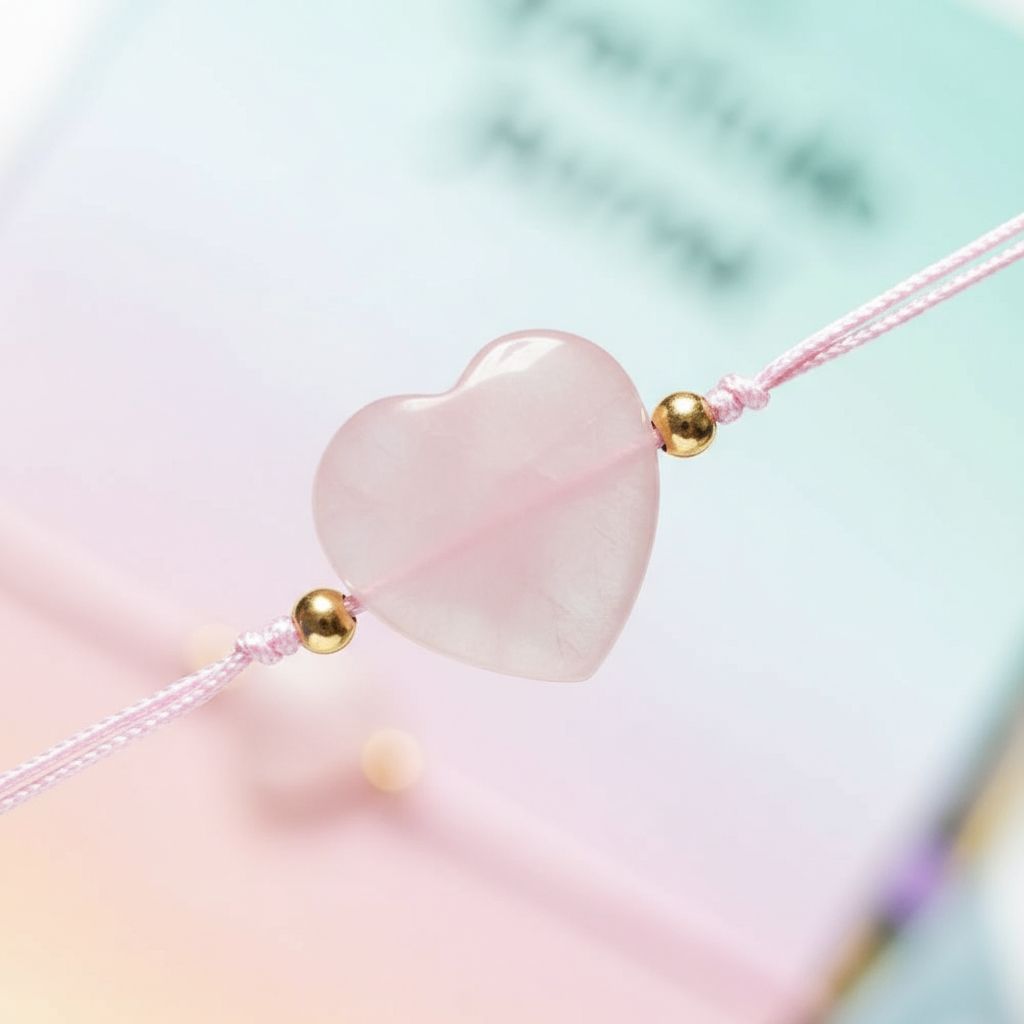 ERES AMADO PULSERA DE CORAZÓN DE CRISTAL DE CUARZO ROSA