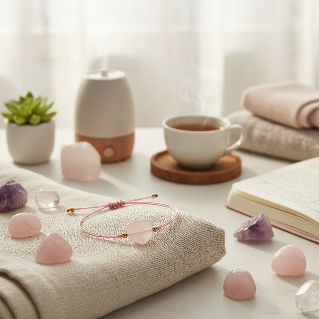 ERES AMADO PULSERA DE CORAZÓN DE CRISTAL DE CUARZO ROSA