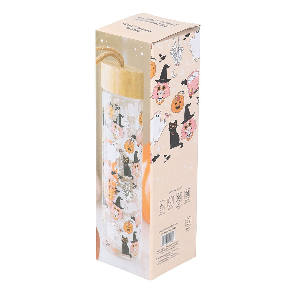 Botella de Agua Vidrio "Fantasmas Groovy" 600ml - Tapa Bambú Halloween