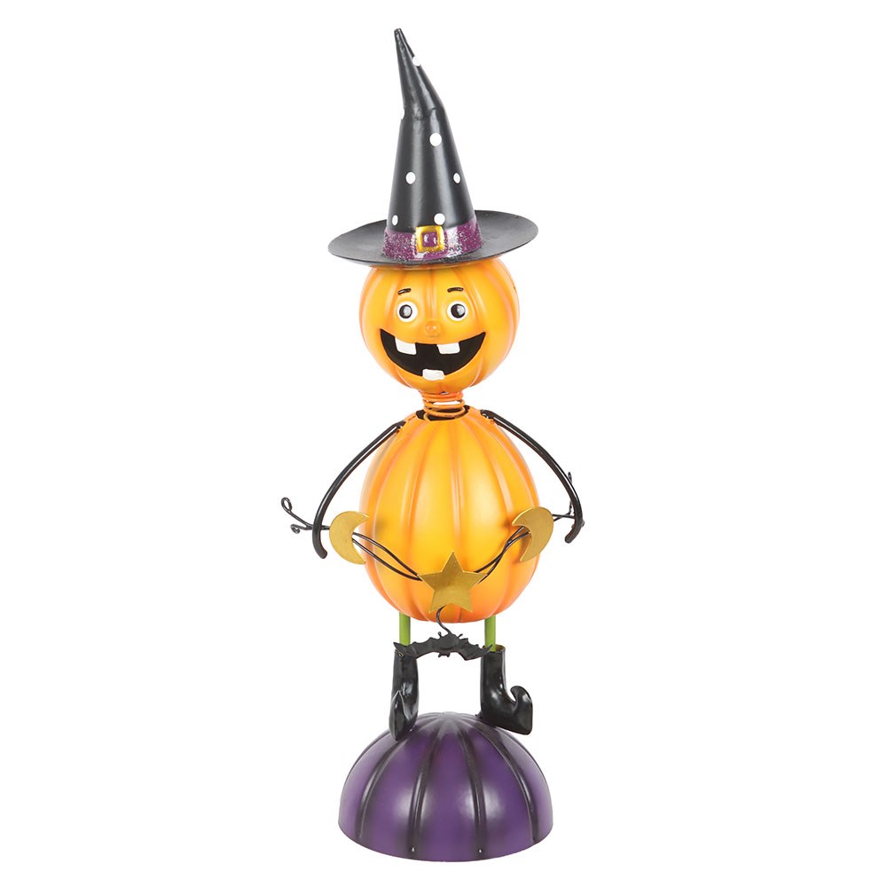 ADORNO DE HOMBRE DE CALABAZA DE METAL NARANJA CON SOMBRERO DE BRUJA