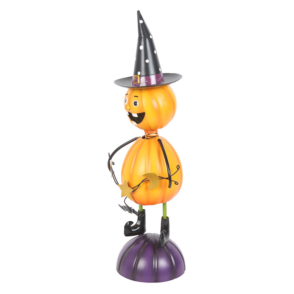 ADORNO DE HOMBRE DE CALABAZA DE METAL NARANJA CON SOMBRERO DE BRUJA