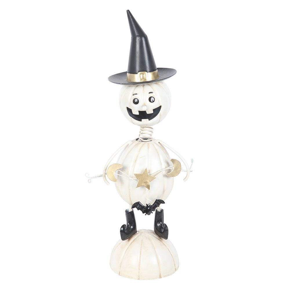 ADORNO DE HOMBRE DE CALABAZA DE METAL BLANCO CON SOMBRERO DE BRUJA