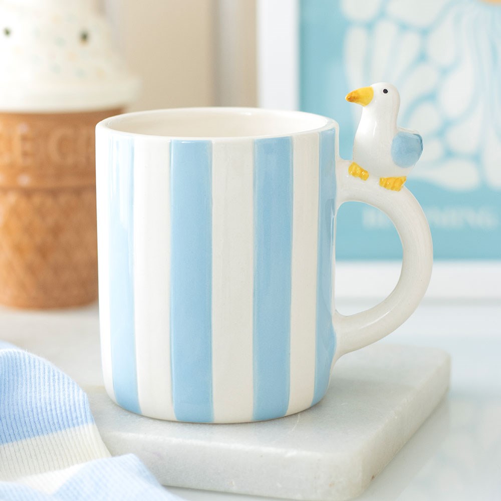 Taza Rayas Pastel Gaviota 370ml - Taza Café Estilo Costero Pastel Pier