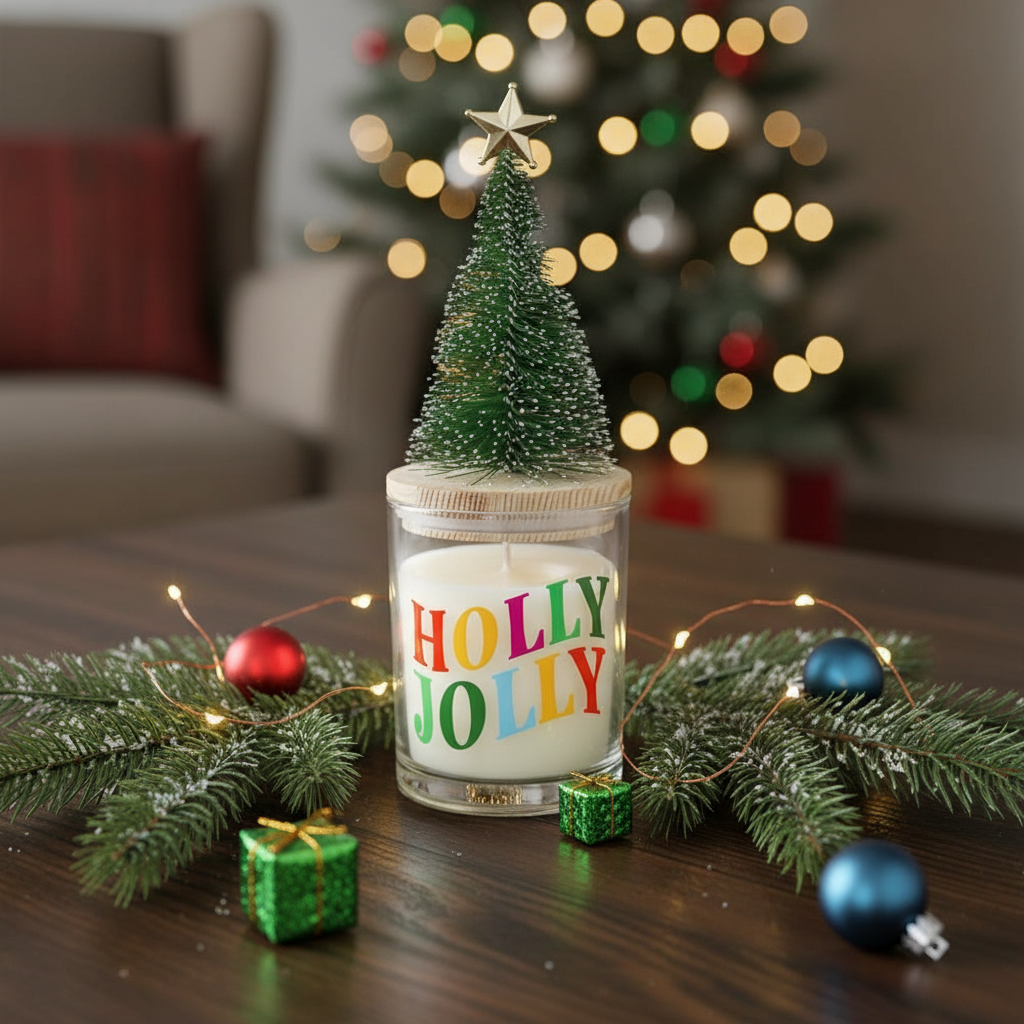 Vela Holly Jolly Pino Abeto 25h - Vela Navidad Tapa Madera Árbol Cristal