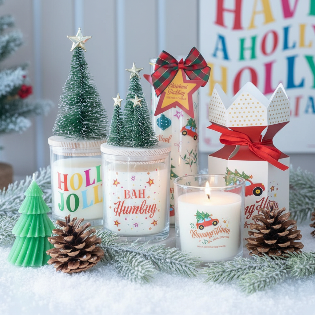 Vela Holly Jolly Pino Abeto 25h - Vela Navidad Tapa Madera Árbol Cristal