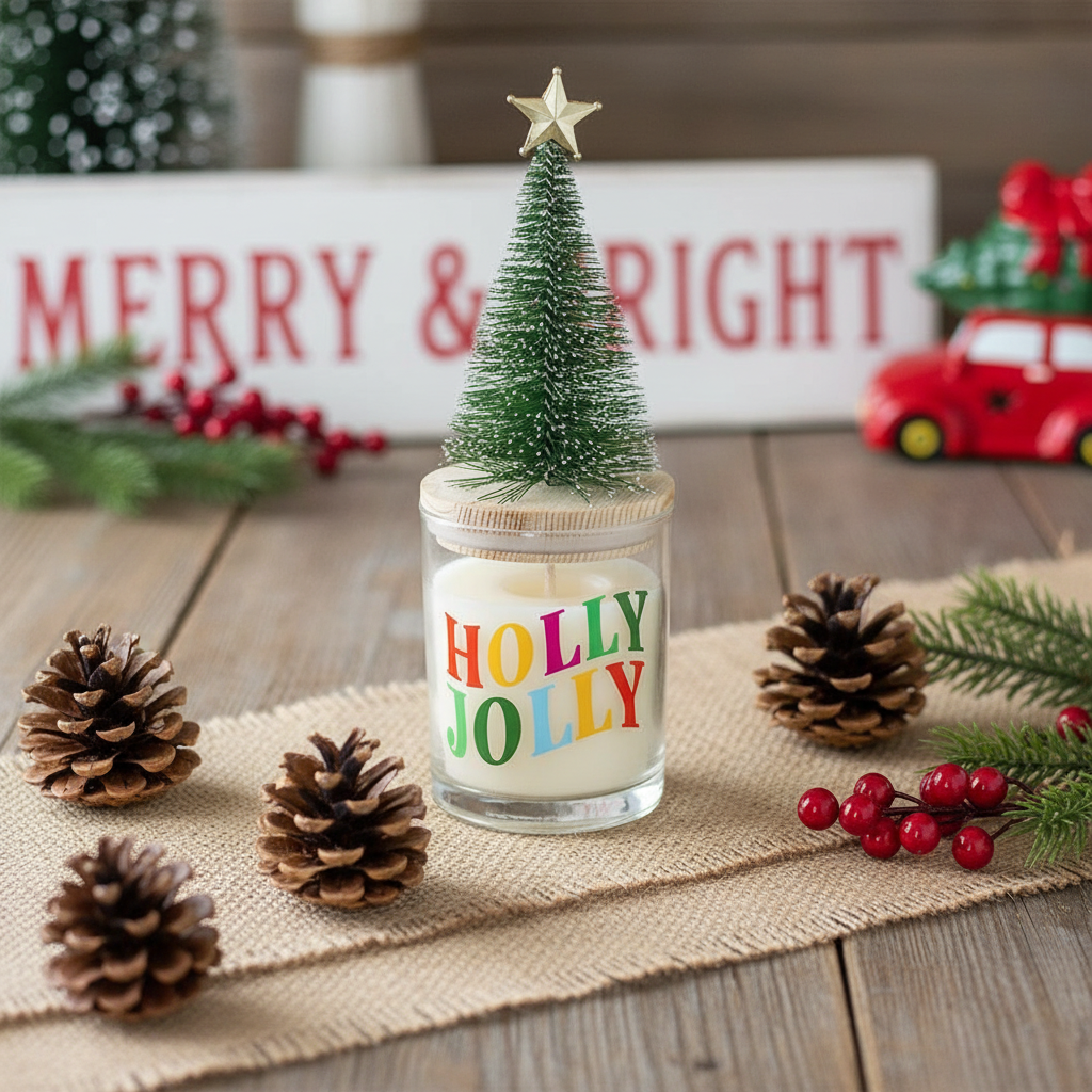 Vela Holly Jolly Pino Abeto 25h - Vela Navidad Tapa Madera Árbol Cristal