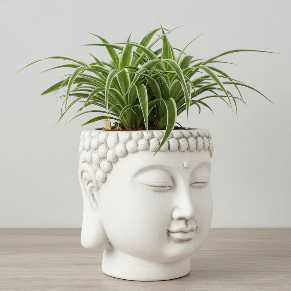 Maceta Cabeza de Buda Blanca Terracota - Jardinera Decorativa Zen para Suculentas