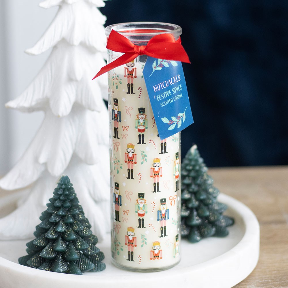 FESTIVE SPICE TUBE CANDLE WITH NUTCRACKER PRINT