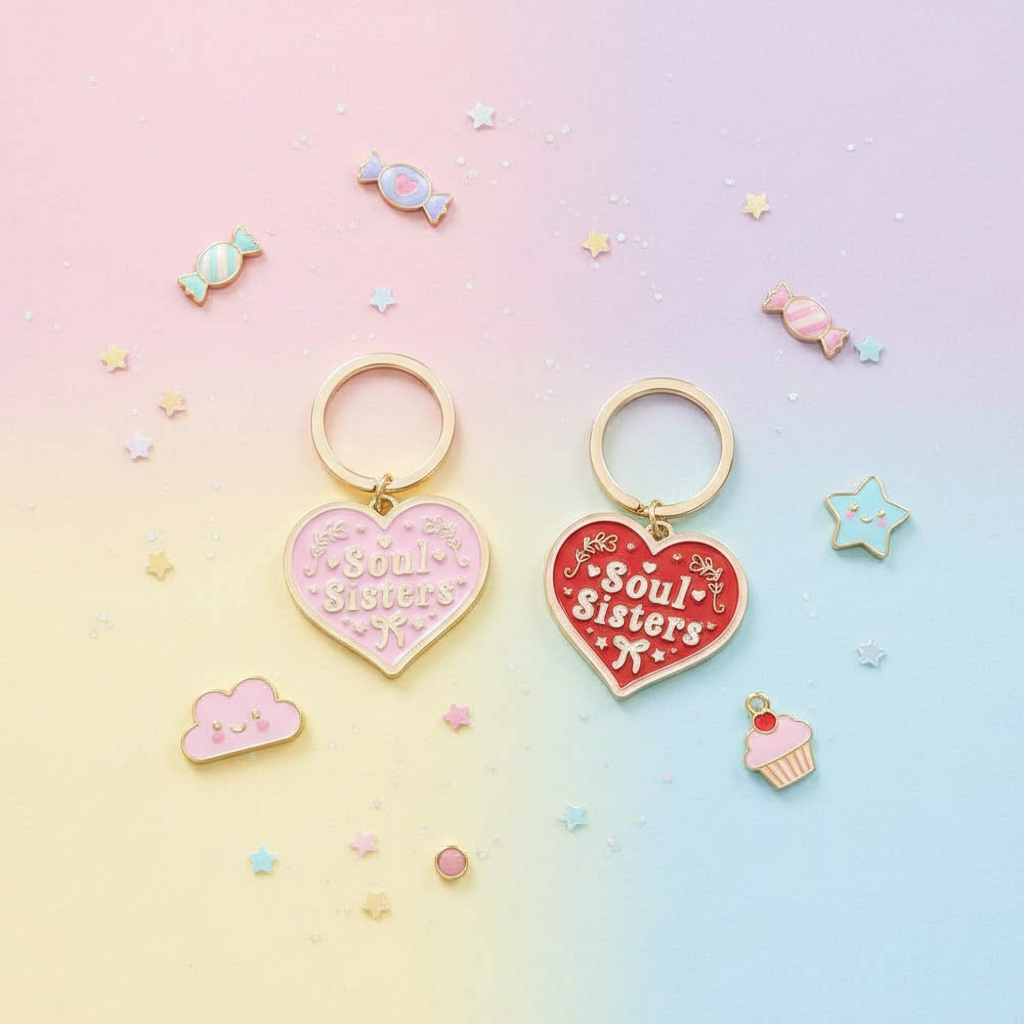 Par Llaveros "Soul Sisters" Corazones Rosa y Rojo - Detalles Dorados Galentine's