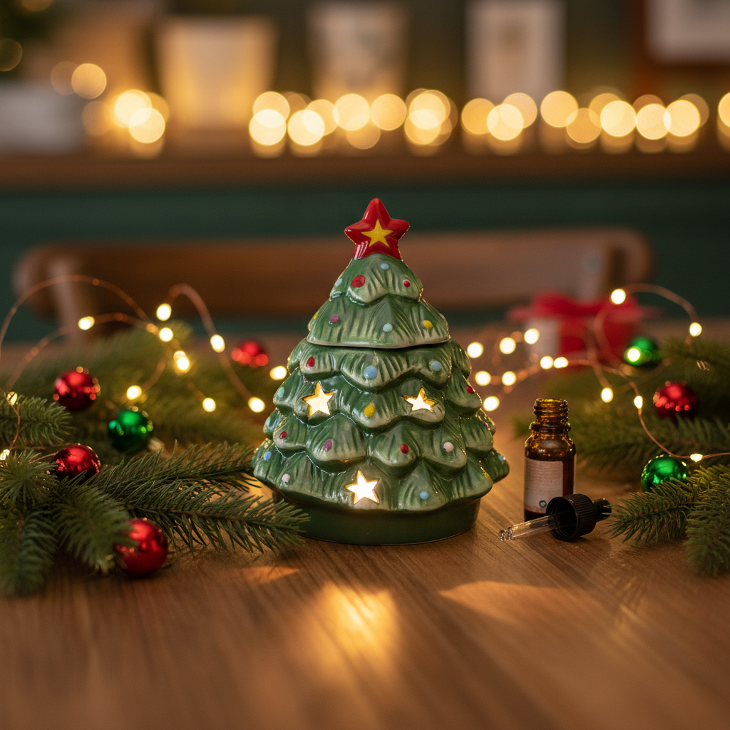Quemador de Aceite "Árbol de Navidad Nostálgico" con Tapa - Aromaterapia Festiva
