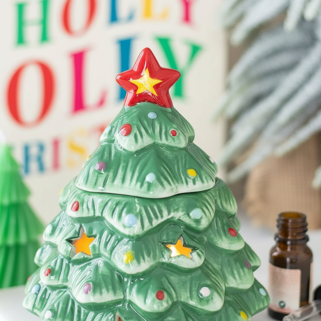 Quemador de Aceite "Árbol de Navidad Nostálgico" con Tapa - Aromaterapia Festiva