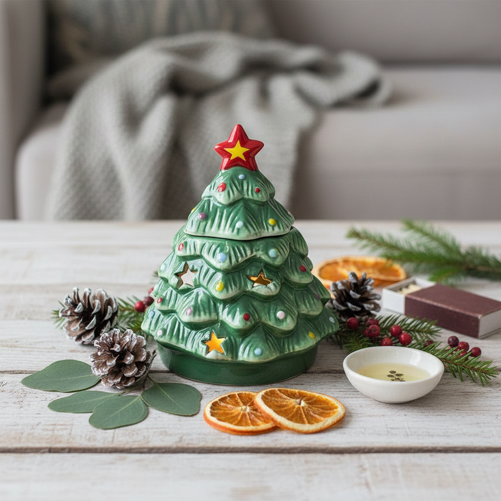 Quemador de Aceite "Árbol de Navidad Nostálgico" con Tapa - Aromaterapia Festiva