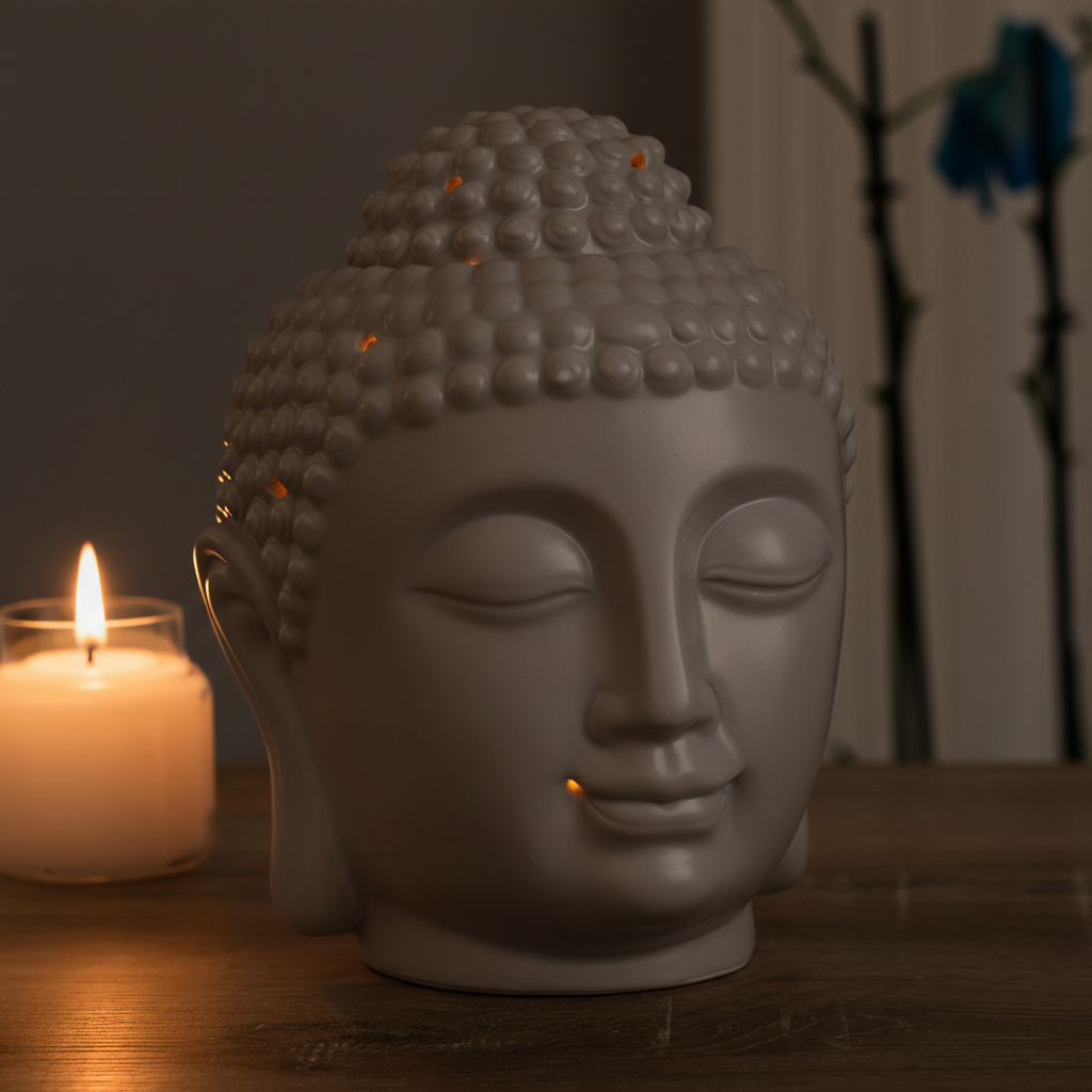 Quemador de Aceite Esencial Cabeza de Buda Gris - Difusor Cerámico Grande Decorativo