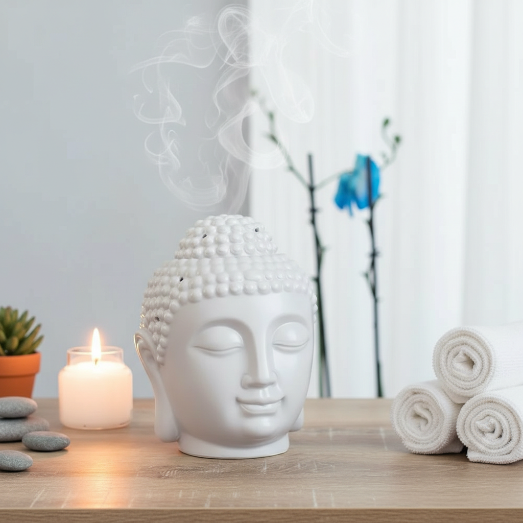 Quemador de Aceite Esencial Cabeza de Buda Gris - Difusor Cerámico Grande Decorativo