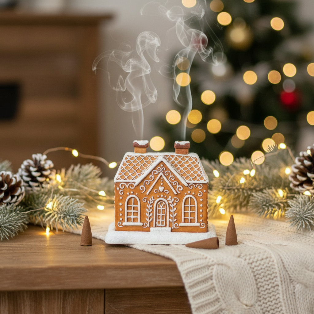 Quemador de Cono Incienso "Casa de Pan de Jengibre" - Humo por 2 Chimeneas Navidad