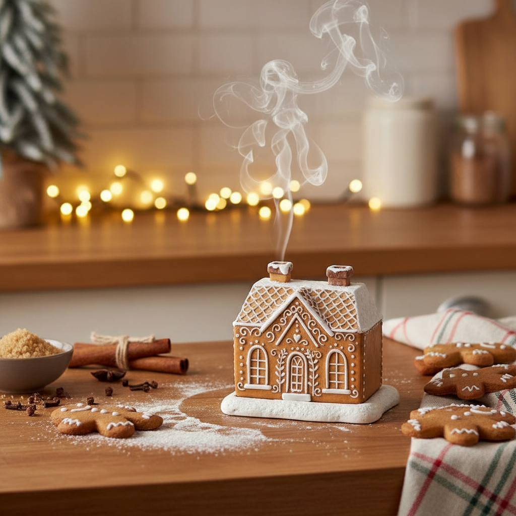 Quemador de Cono Incienso "Casa de Pan de Jengibre" - Humo por 2 Chimeneas Navidad