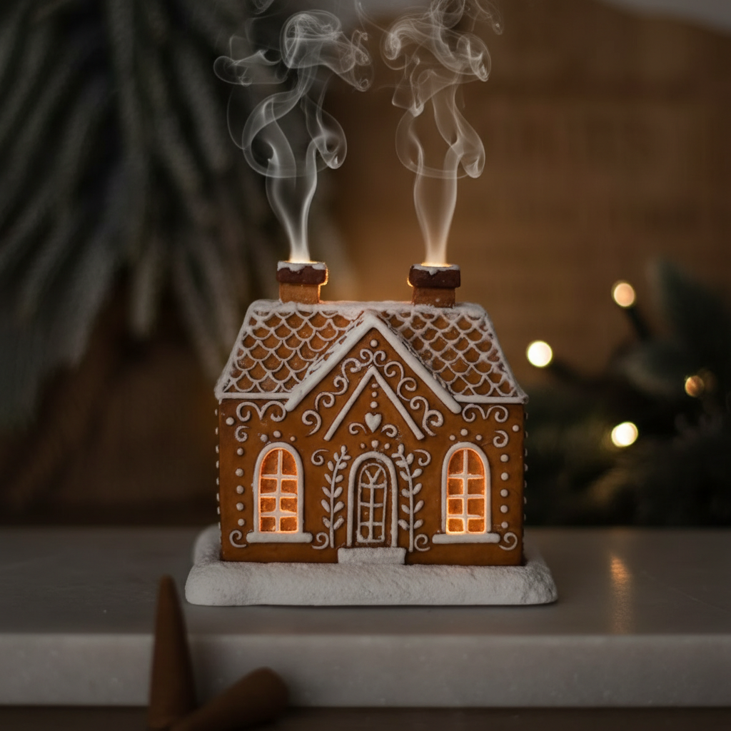 Quemador de Cono Incienso "Casa de Pan de Jengibre" - Humo por 2 Chimeneas Navidad