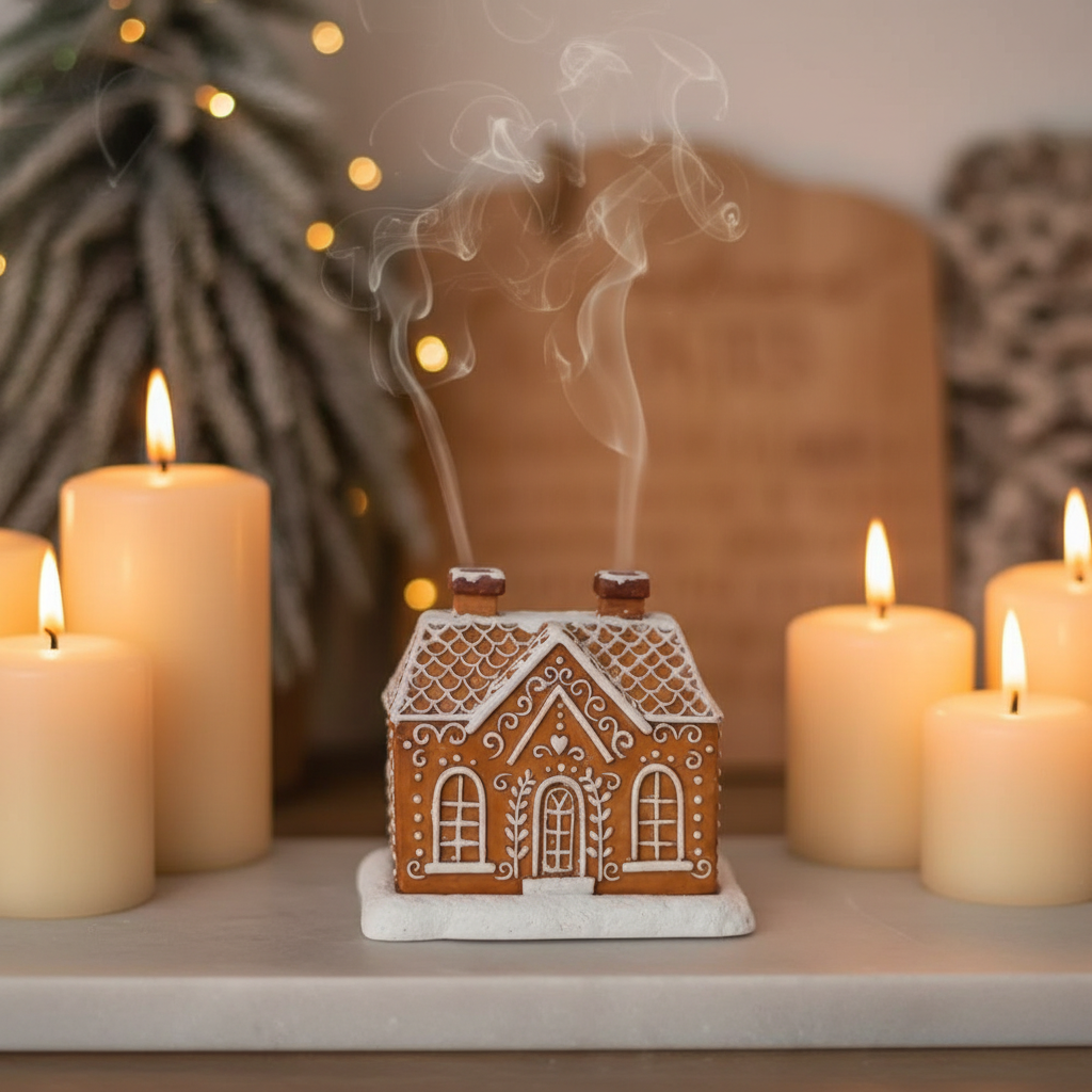Quemador de Cono Incienso "Casa de Pan de Jengibre" - Humo por 2 Chimeneas Navidad