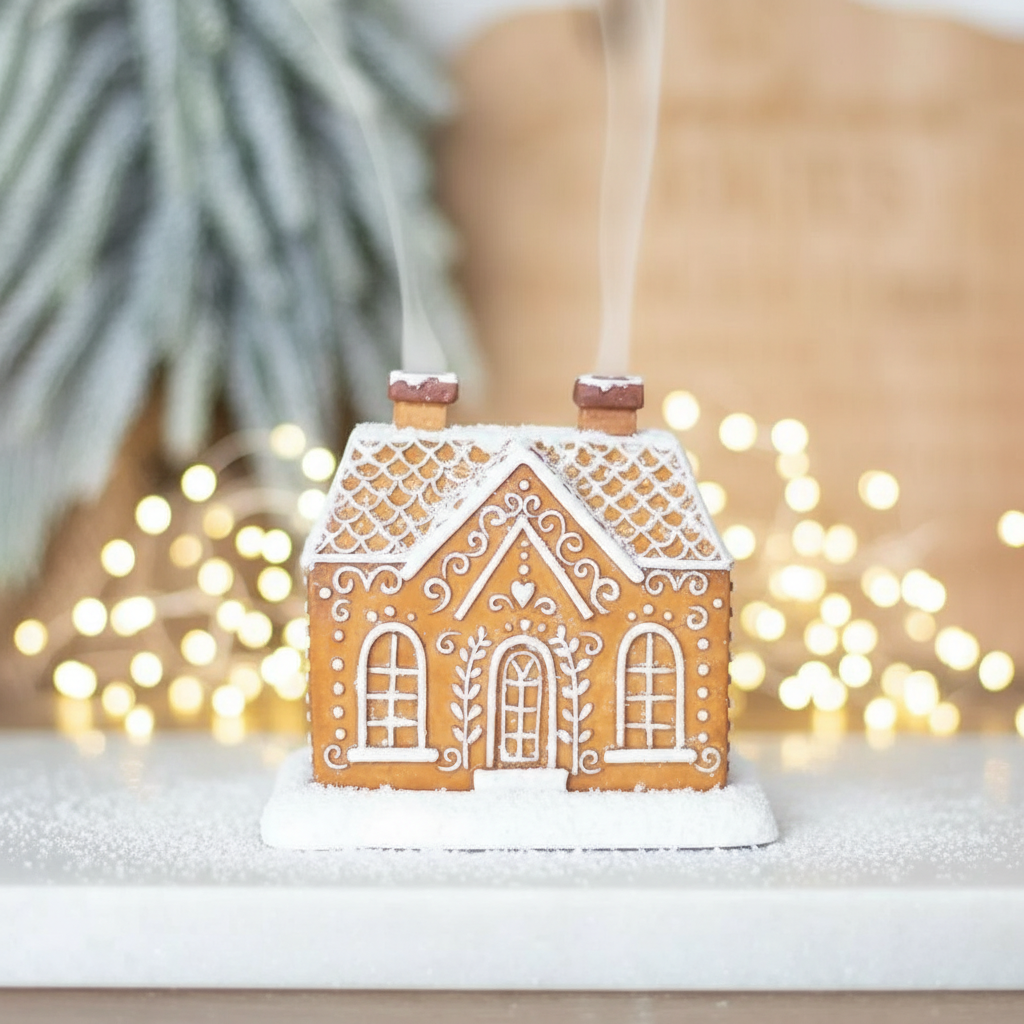 Quemador de Cono Incienso "Casa de Pan de Jengibre" - Humo por 2 Chimeneas Navidad