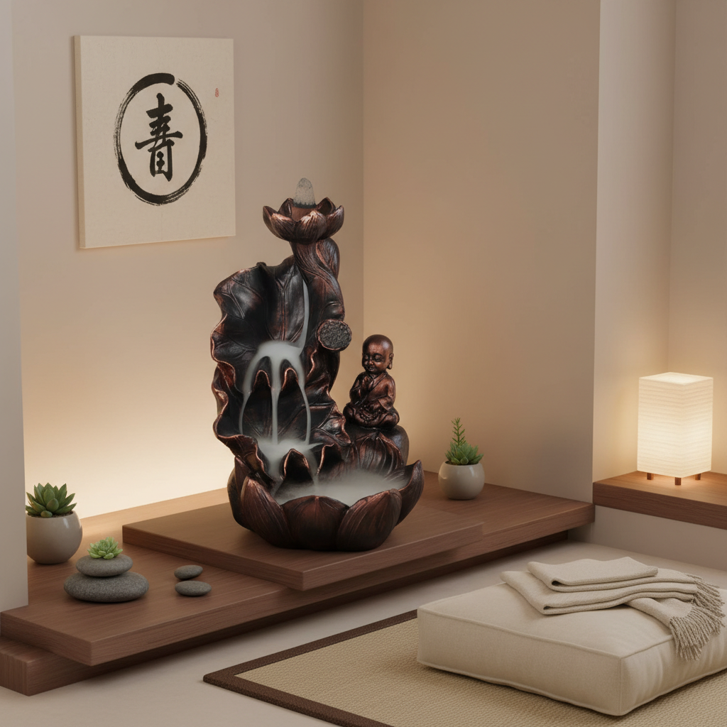 Quemador de Incienso de Reflujo Buda con Cascada de Humo - Efecto Bronce Decorativo