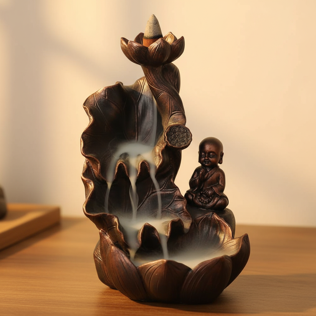 Quemador de Incienso de Reflujo Buda con Cascada de Humo - Efecto Bronce Decorativo