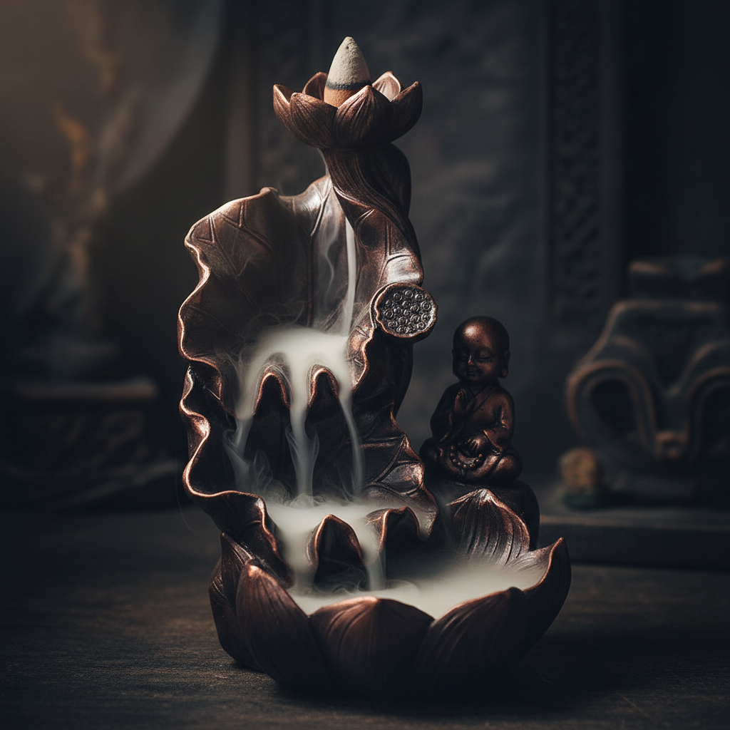 Quemador de Incienso de Reflujo Buda con Cascada de Humo - Efecto Bronce Decorativo