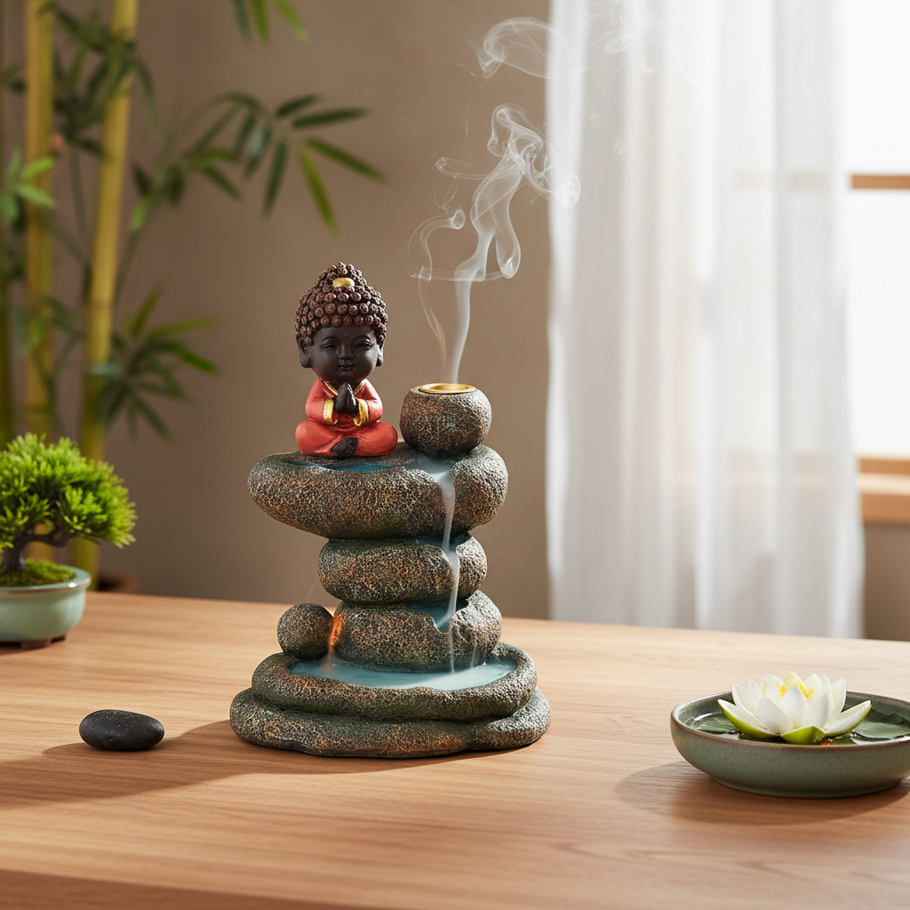 Quemador de Incienso de Reflujo Buda Meditando - Cascada de Humo con Estanques de Roca