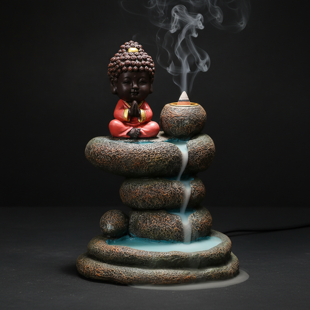 Quemador de Incienso de Reflujo Buda Meditando - Cascada de Humo con Estanques de Roca